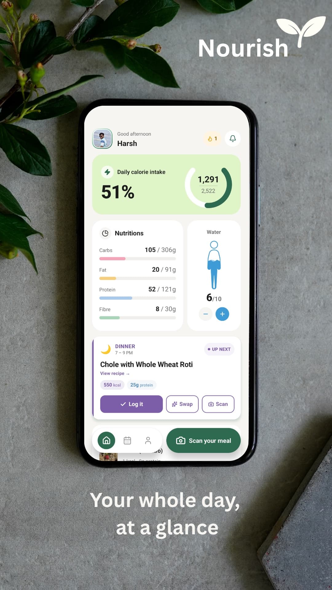 Nourish home screen: daily calorie ring, nutrition breakdown, water tracker and the next meal with Log, Swap and Scan buttons